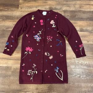 Quacker Factory Floral Embroidered Long Burgundy Cardigan Duster Cottage FLAWS